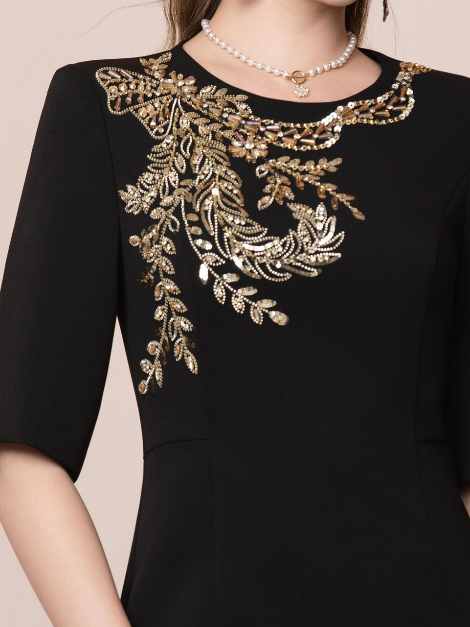 Black short sleeve scoop neck sequin mother of the bride dress with gold leaf beaded embellishment