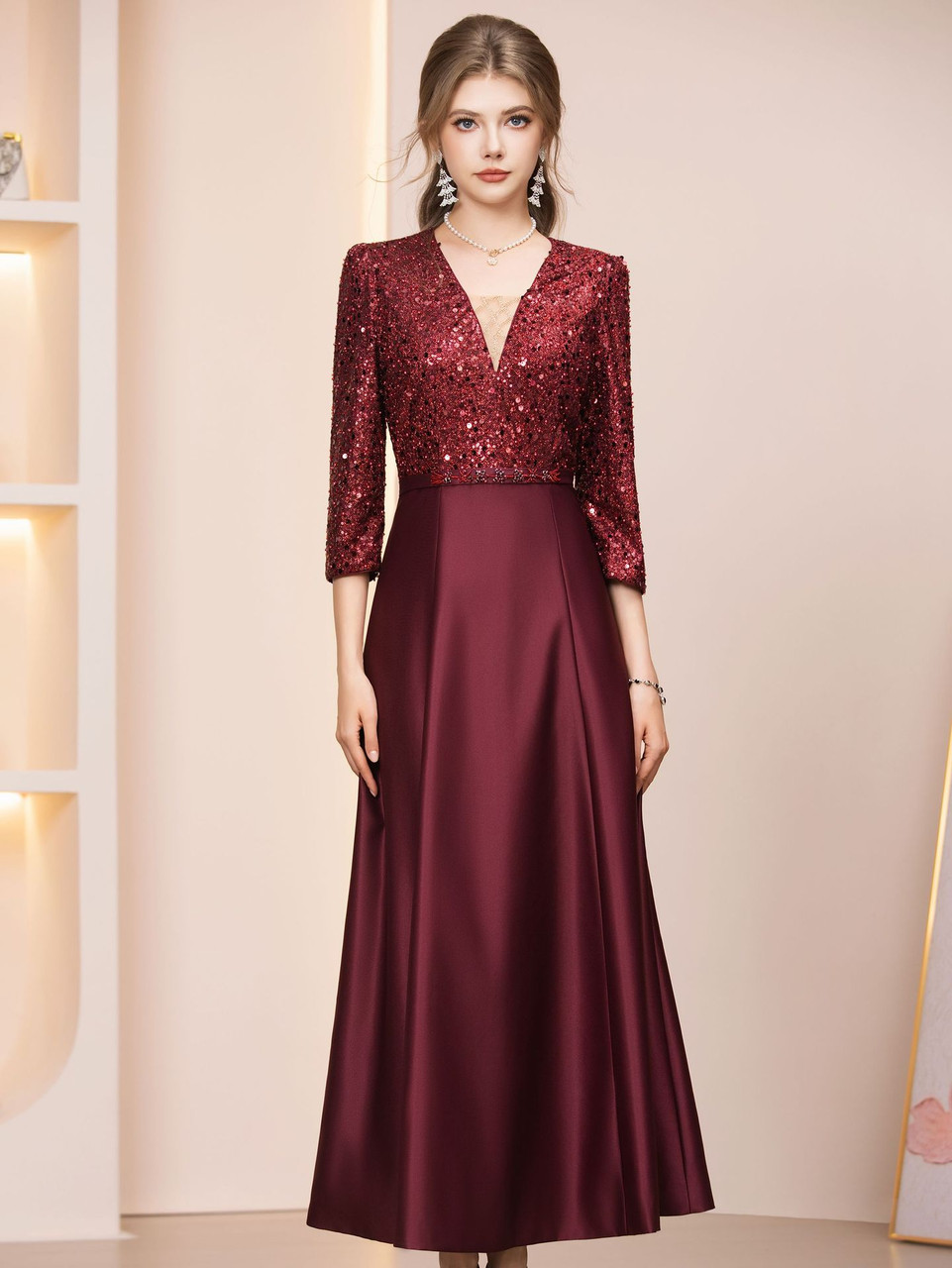 burgundy satin bridesmaid dress Burgundy Sequin Long Sleeve Satin Bridesmaid Dresses With Slit – Lisposa