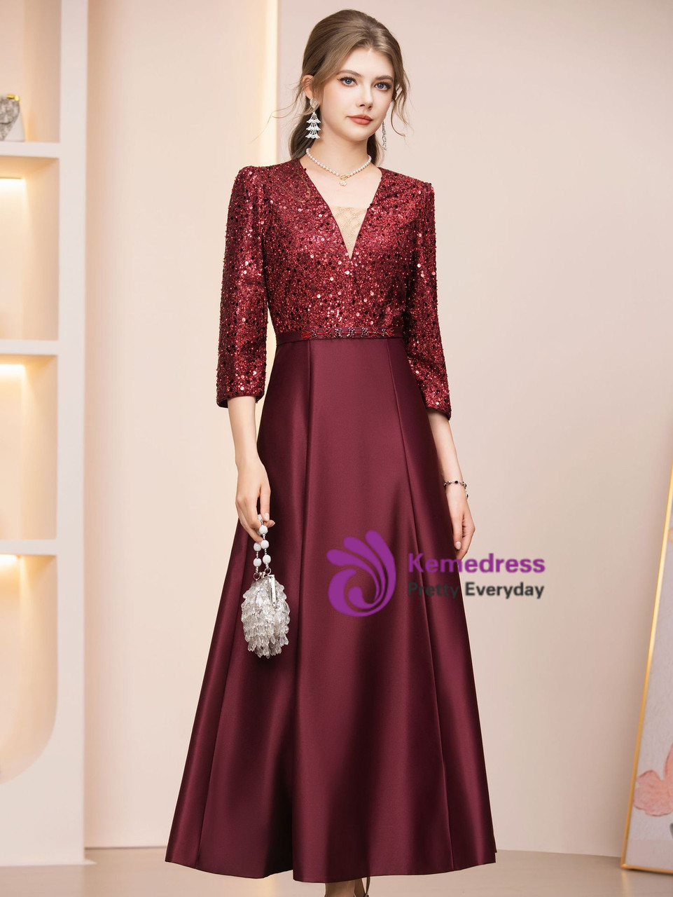 Short Sleeve Burgundy Mother of the Bride Dress with Sequin Details