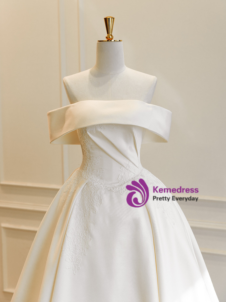 Ivory satin lace bridal gown with sweeping train and corset lace up back