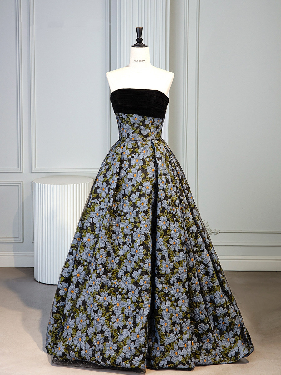 Black tulle strapless prom dress with fitted bodice and floor length A-line skirt