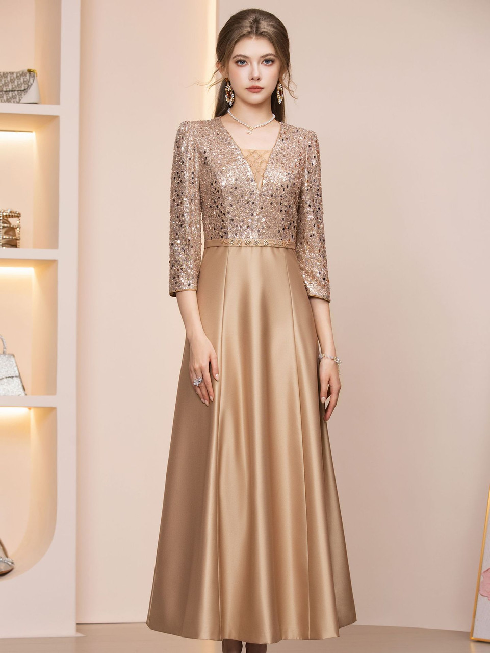 blue and gold evening dress Zapaka Women Elegant Champagne Mother of the Bride with Embroidery Off the Shoulder A-Line Matte Satin Long Formal Dress, Champagne / US6 main image 0
