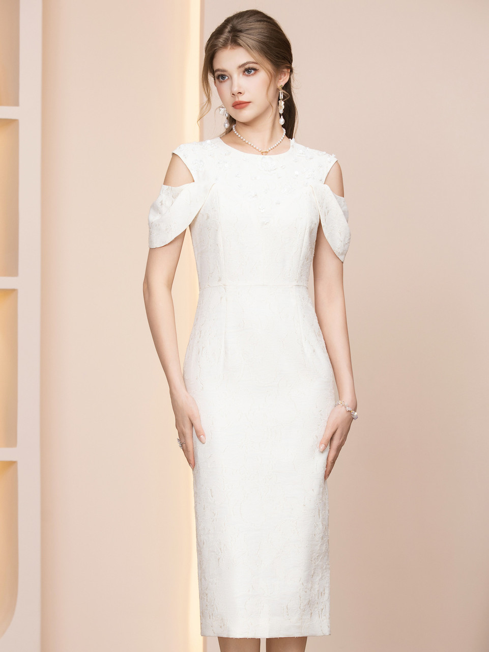 Beige and white floral tea length mother of the bride dress