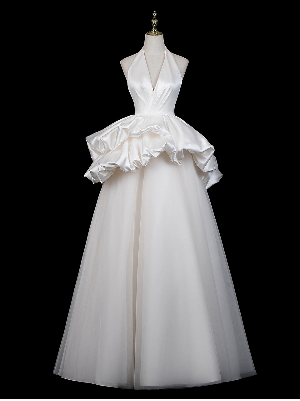 Beige White Tulle V-neck Wedding Dress