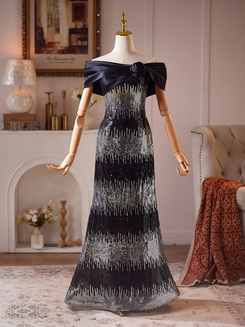 Black Mermaid Sequisn Off the Shoulder Prom Dress