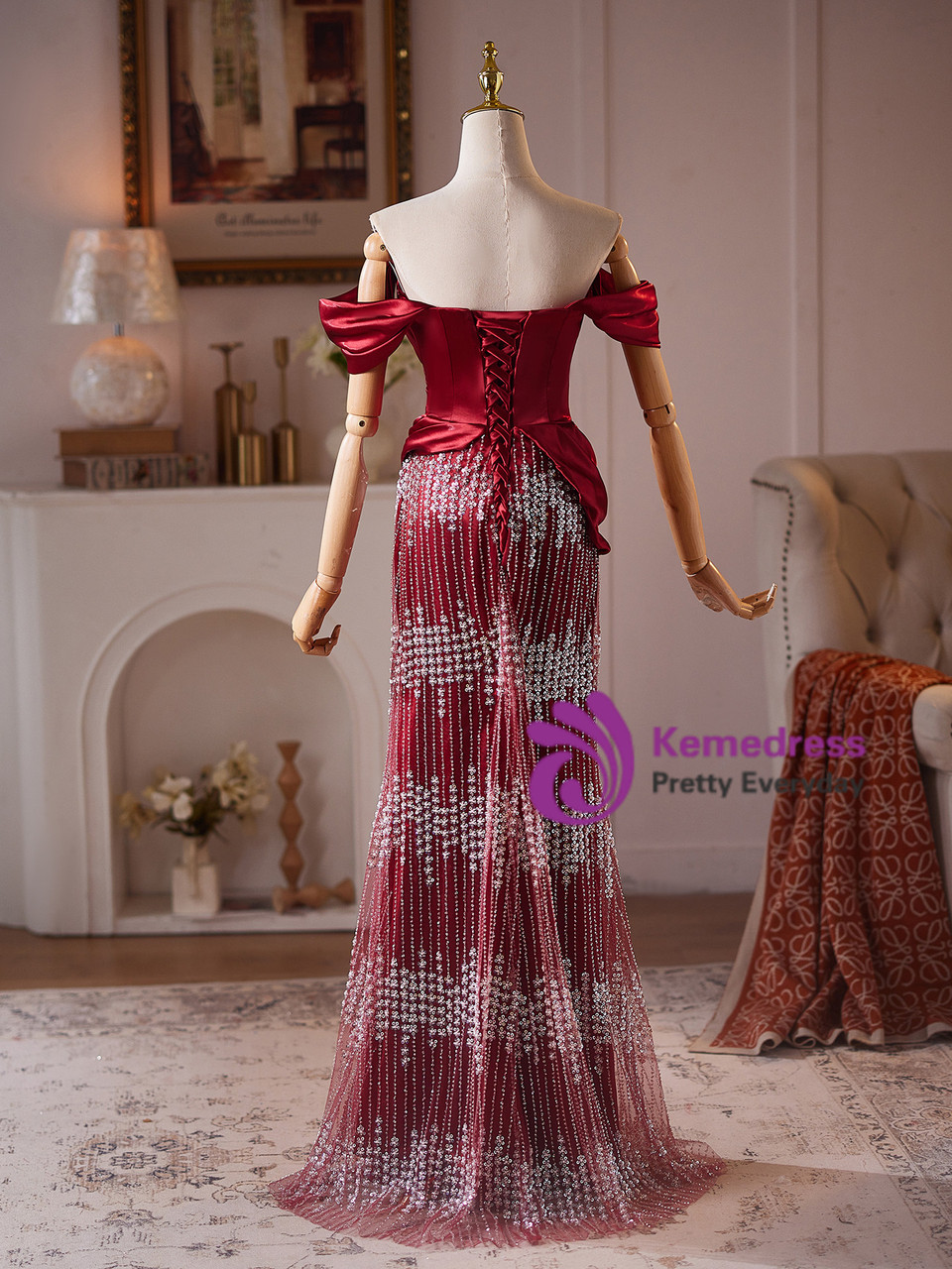 Burgundy Mermaid Sequins Off the Shoulder Prom Dress Burgundy Mermaid Sequins Off the Shoulder Prom Dress