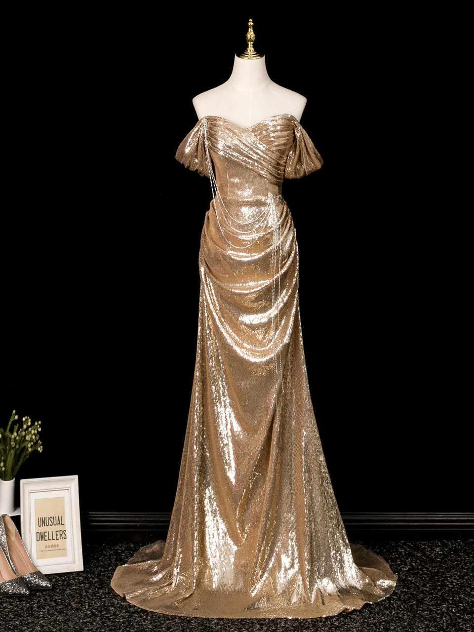 Gold Sequins Off the Shoulder Prom Dress
