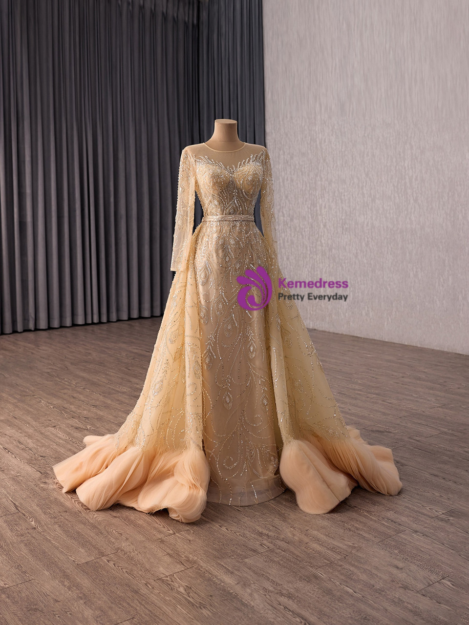 Champagne Gold Sequins Long Sleeve Prom Dress Champagne Gold Sequins Long Sleeve Prom Dress