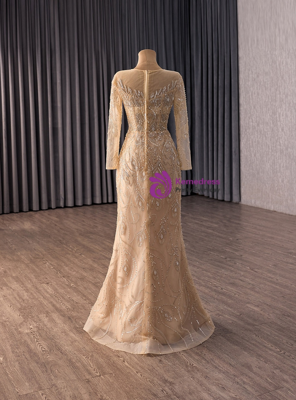 Champagne Gold Sequins Long Sleeve Prom Dress
