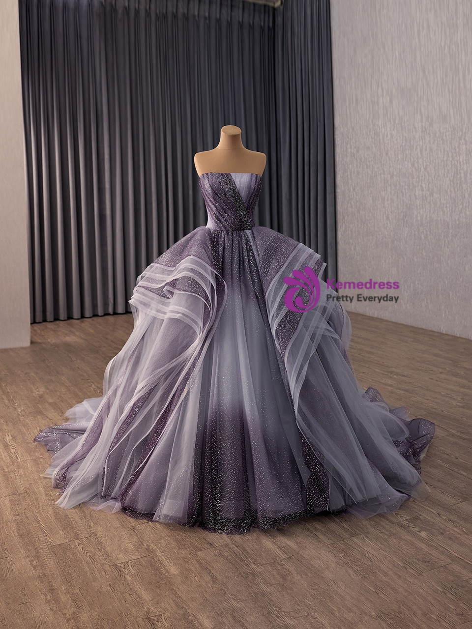 Dark Purple Tulle Sequins Prom Dress
