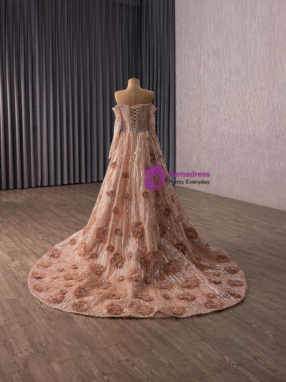 Transformation: The same champagne pink A-line prom dress without the detachable train, showing a clean, dance-ready silhouette