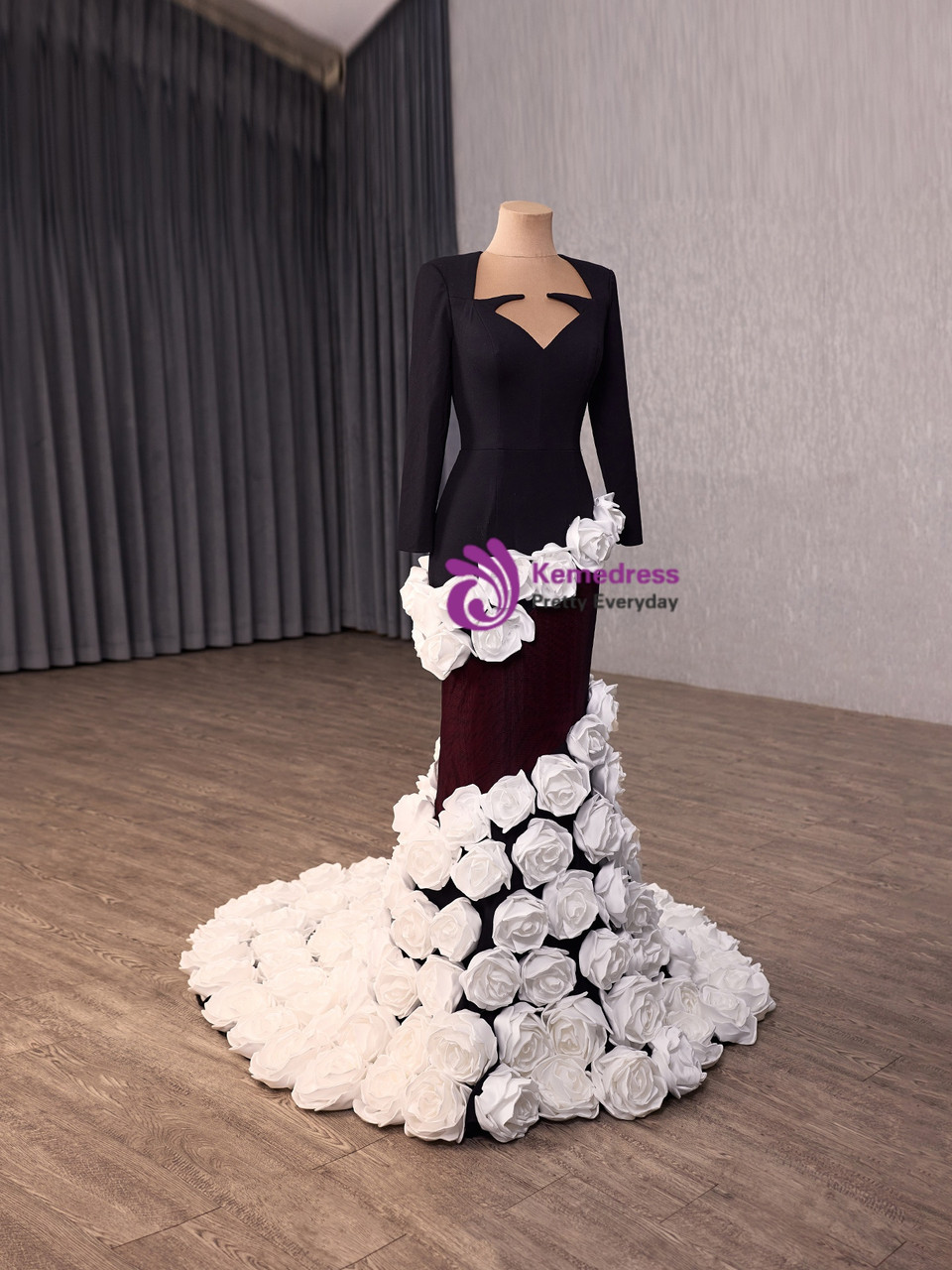 black and white flower prom dress Black Mermaid White Flower Long Sleeve Prom Dress