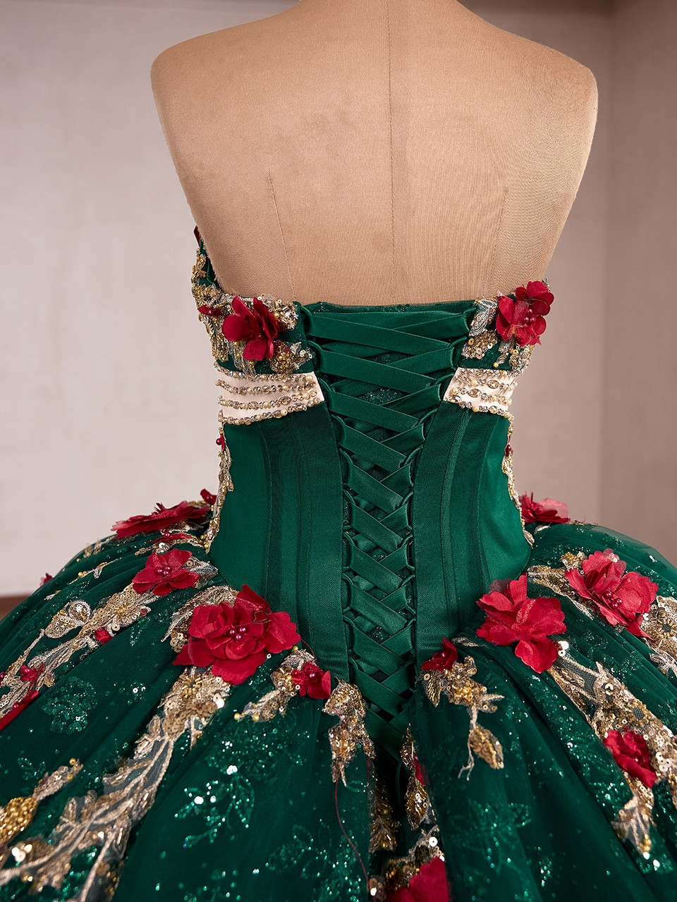 Adjustable back detail on green floral gown