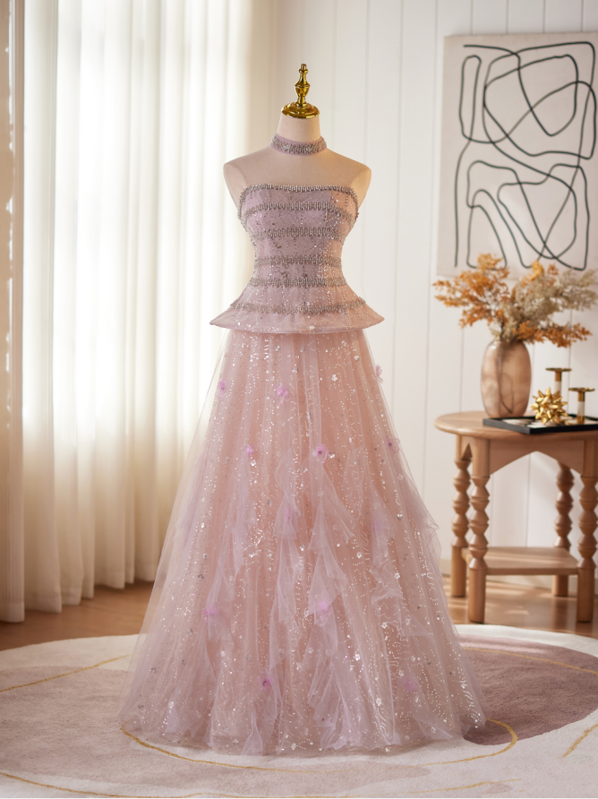 strapless open back dress Unique v neck tulle beads lace long prom dress, tulle evening dress –  shdress main image 0