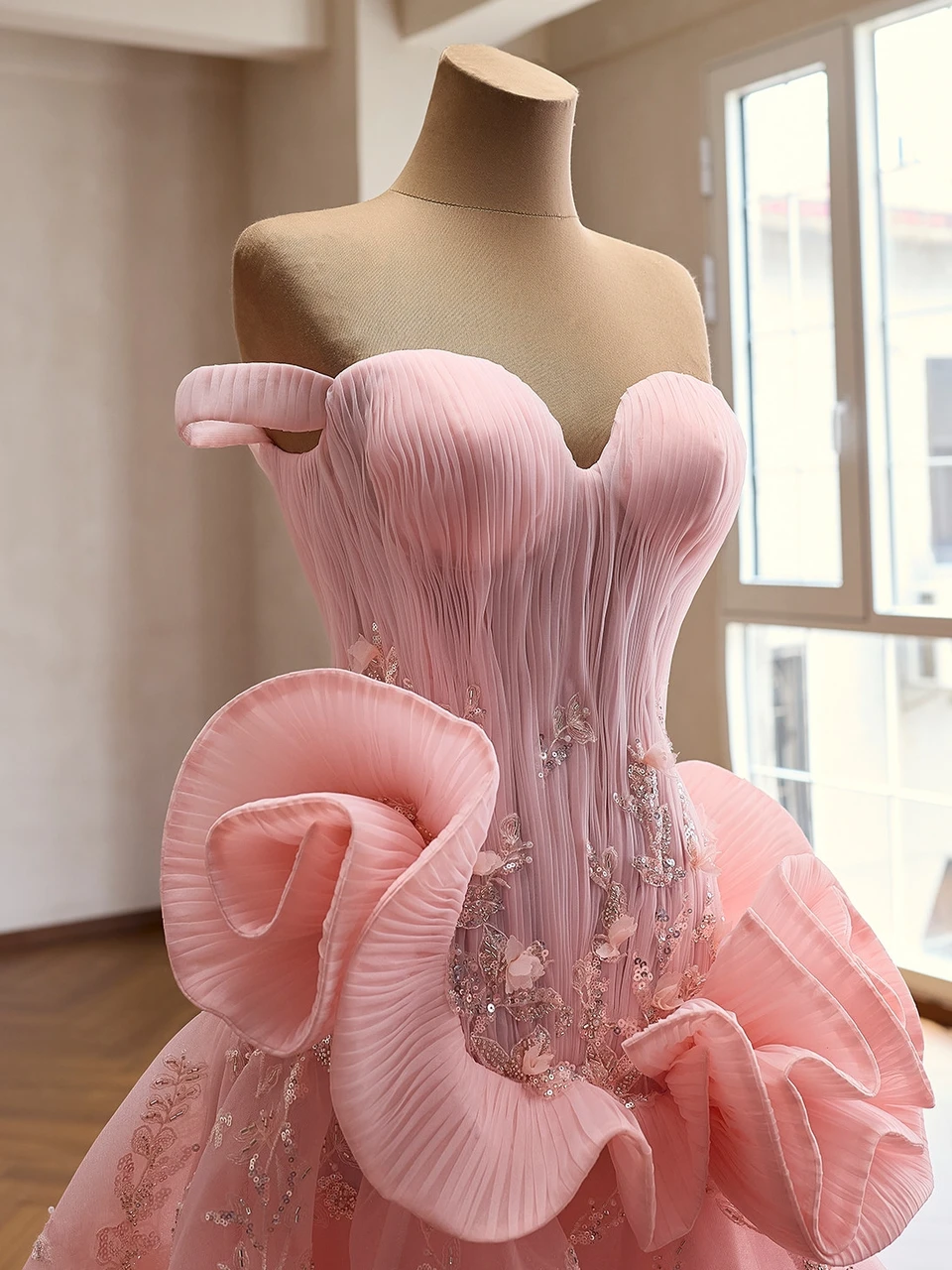 Pink tulle off the shoulder prom dress with pleated corset bodice, 3D flowers and floral embellishment