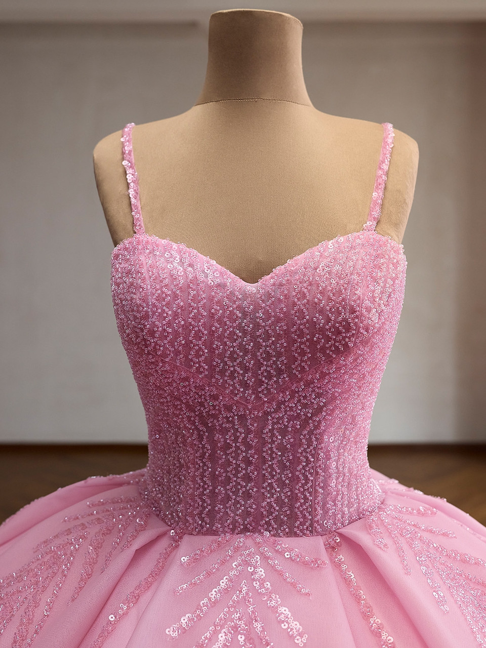 Hand Beaded Sweetheart Bodice Detail Close view of the hand beaded sweetheart bodice and spaghetti straps