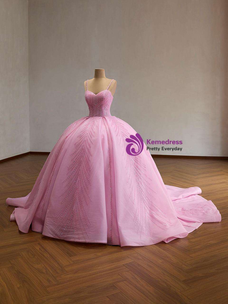 Side View of Pink Beaded Ball Gown Side view of finished pink beaded ball gown