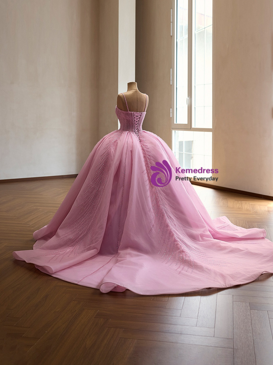 Full Length Pink Beaded Ball Gown Additional full length view of pink beaded formal ball gown