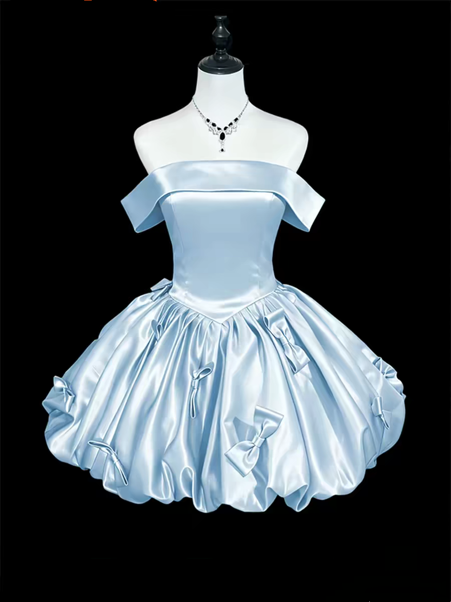Blue satin off shoulder homecoming dress with bow details