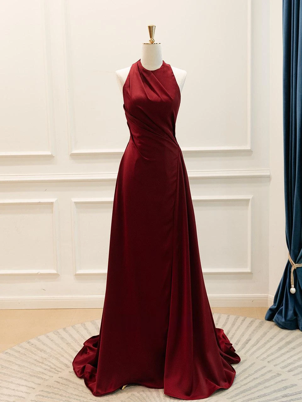 Burgundy satin pleated prom dress with asymmetric draped high neck