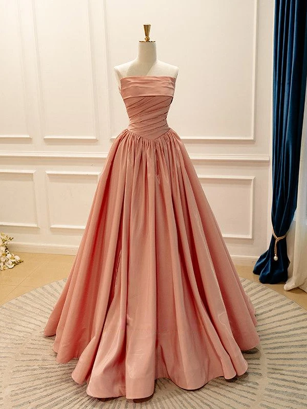 Orange satin strapless pleated floor length prom dress