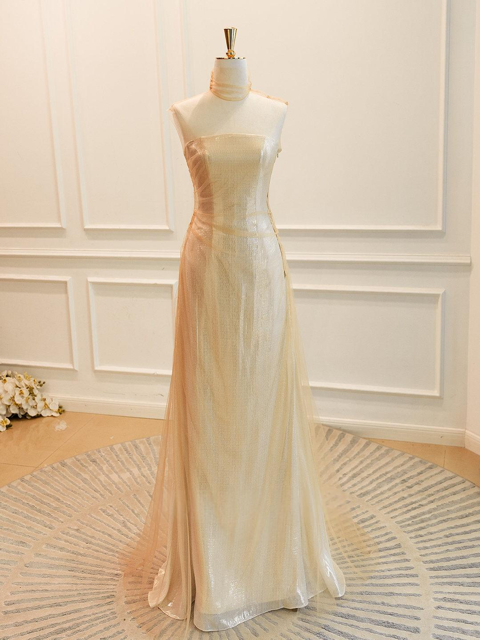 Gold two piece prom dress pleated strapless bodice detail
