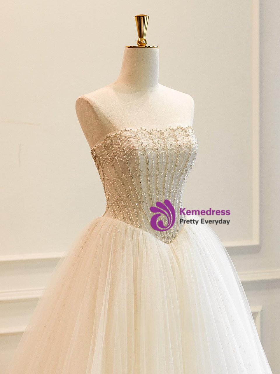 Beige white wedding gown tulle skirt and corset back detail