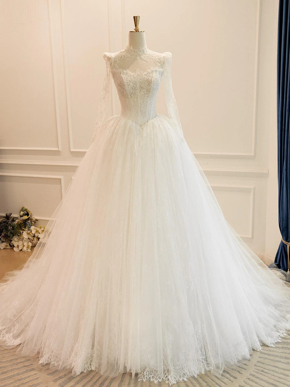 White tulle strapless lace wedding dress floral bodice detail