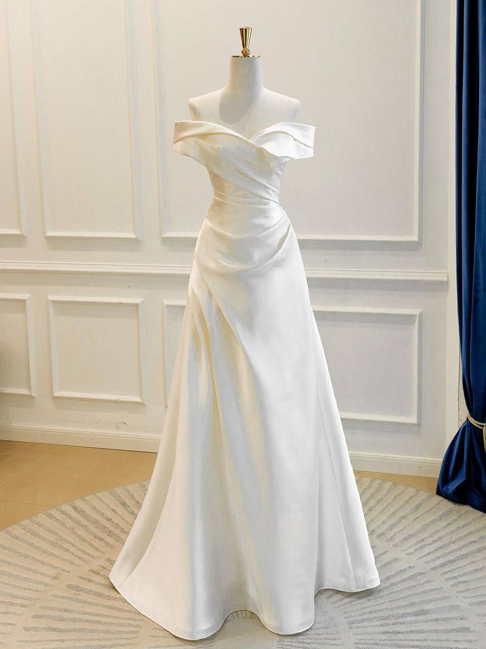 Beige white satin off the shoulder wedding dress with pleated bodice