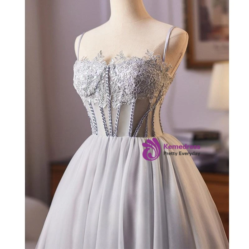 Gray tulle floral appliques spaghetti strap homecoming dress detail