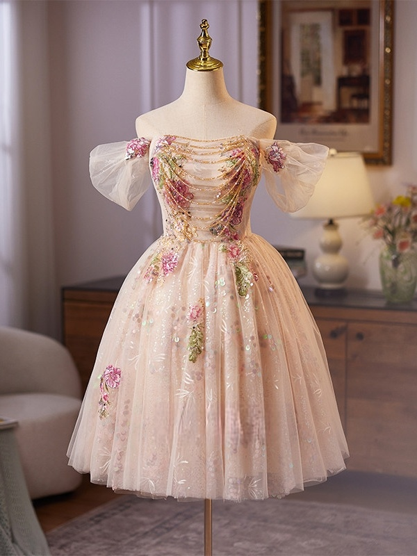 Champagne tulle sequins beading homecoming dress