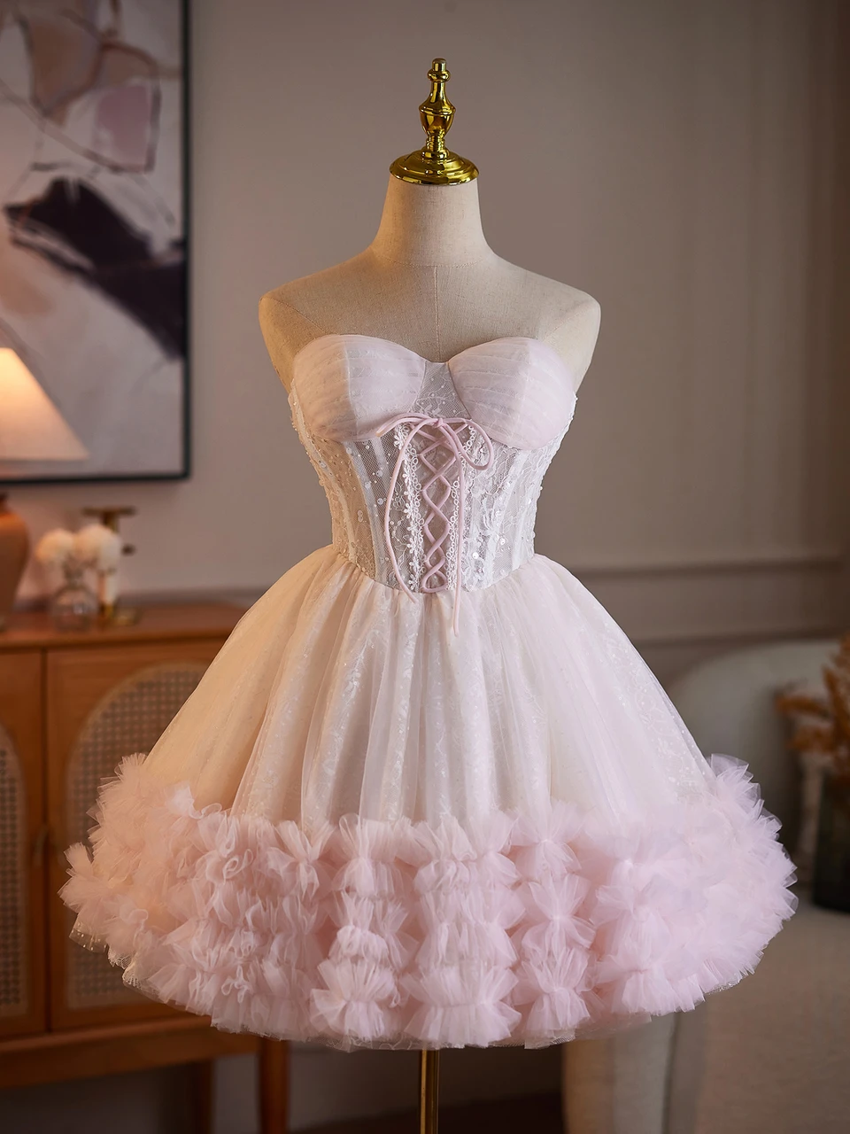 Pink lace tulle homecoming dress with sweetheart corset bodice