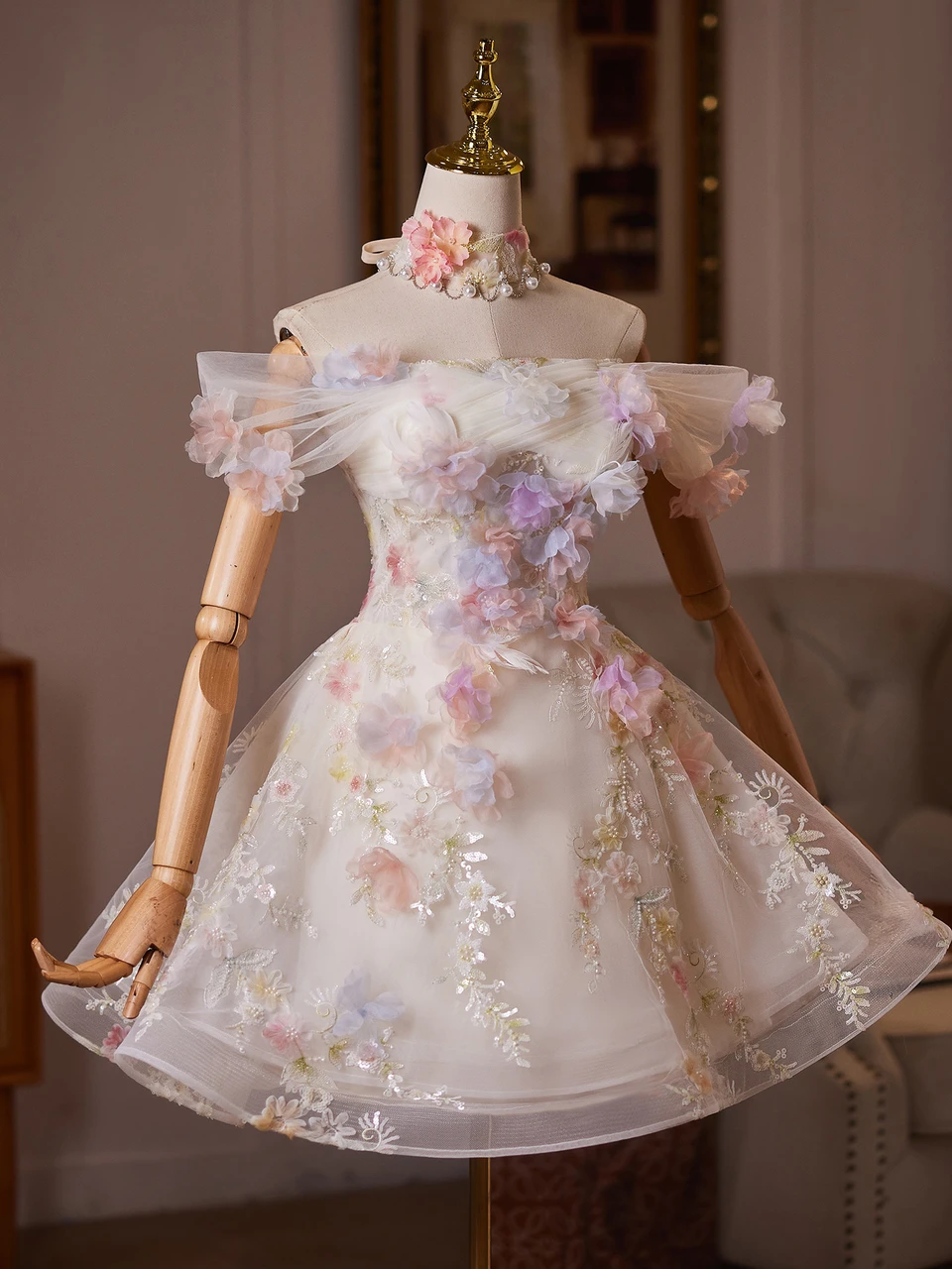 Champagne floral tulle off shoulder homecoming dress with 3D flower appliques