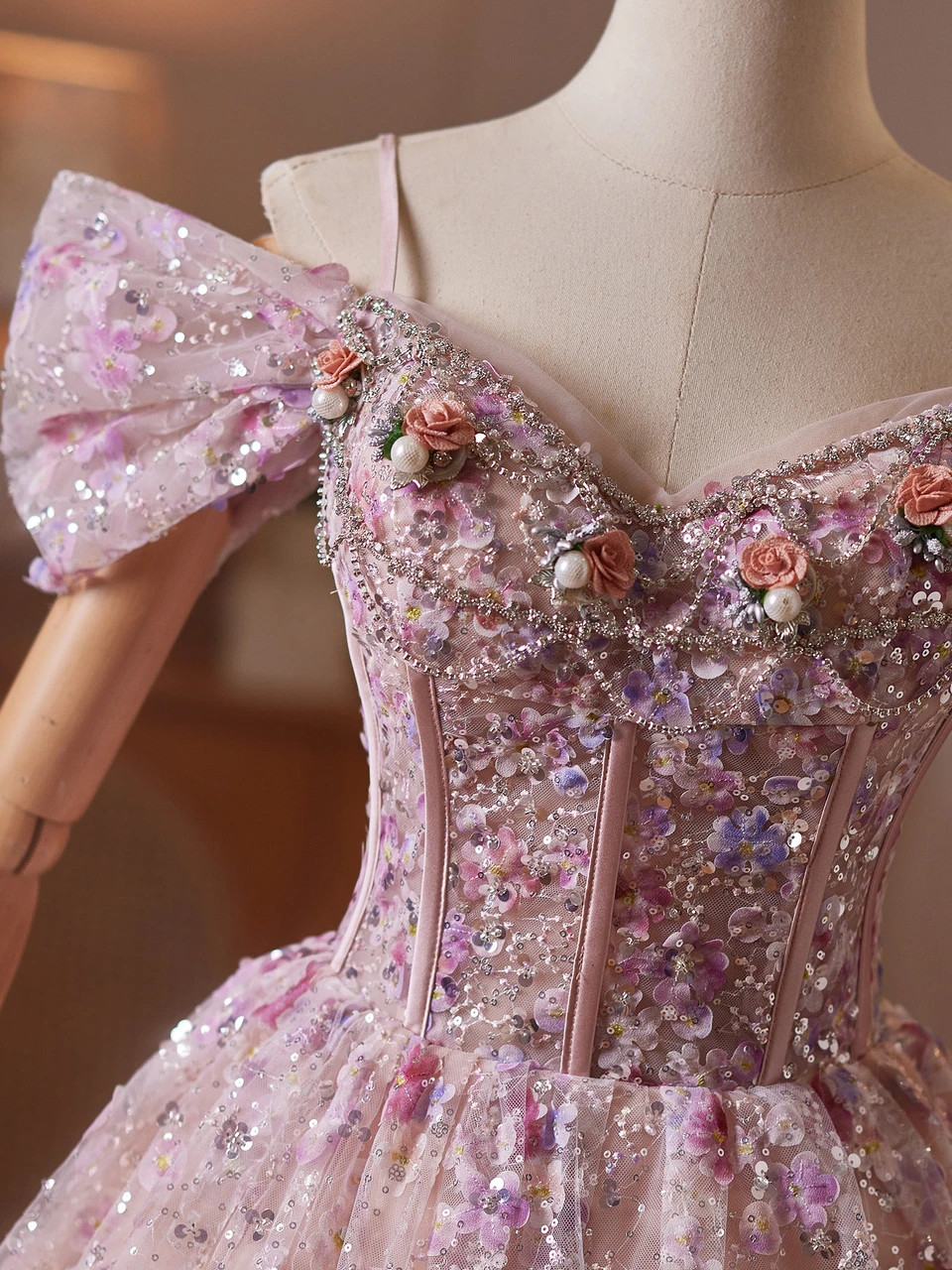 Garden inspired pink floral appliques tulle A line formal dress