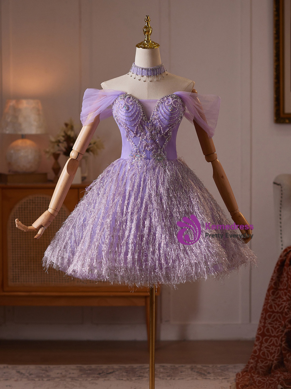 purple off the shoulder homecoming dress Beading lilac purple formal dress