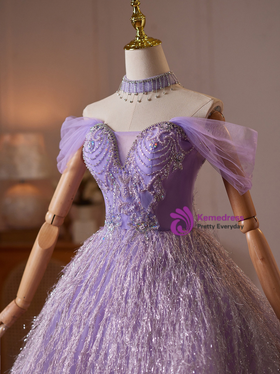 Lavender purple beaded off shoulder short homecoming dress