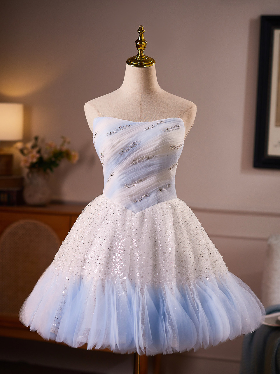 White and blue sequin tulle homecoming dress with sparkling layered details