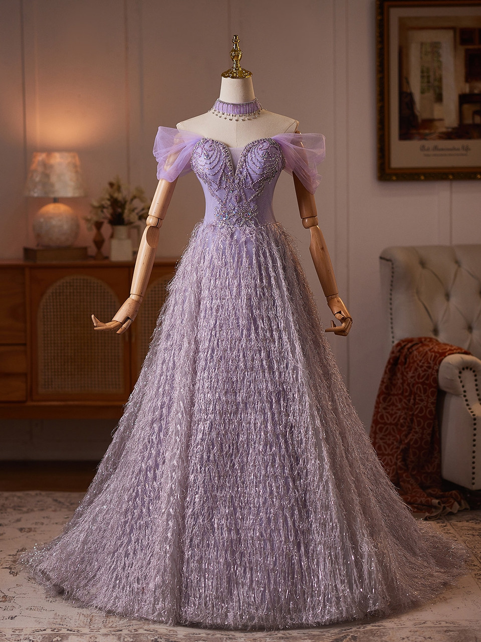 Lavender embellished ball gown with beaded crystal bodice and textured shimmering skirt
