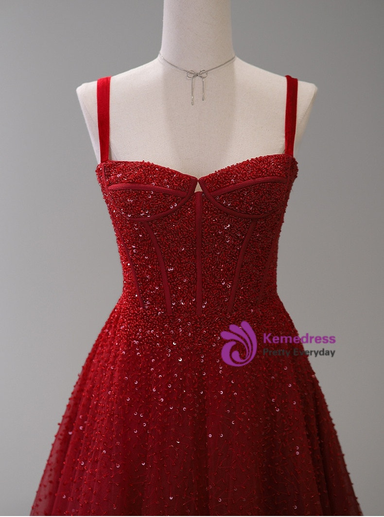 Burgundy A line tulle prom gown with beading, delicate straps and sweeping train
