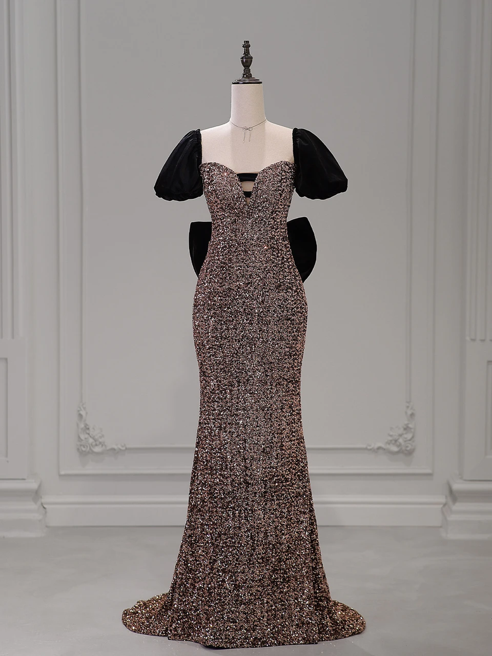 Black sequin mermaid prom dress with square neckline and puff sleeves