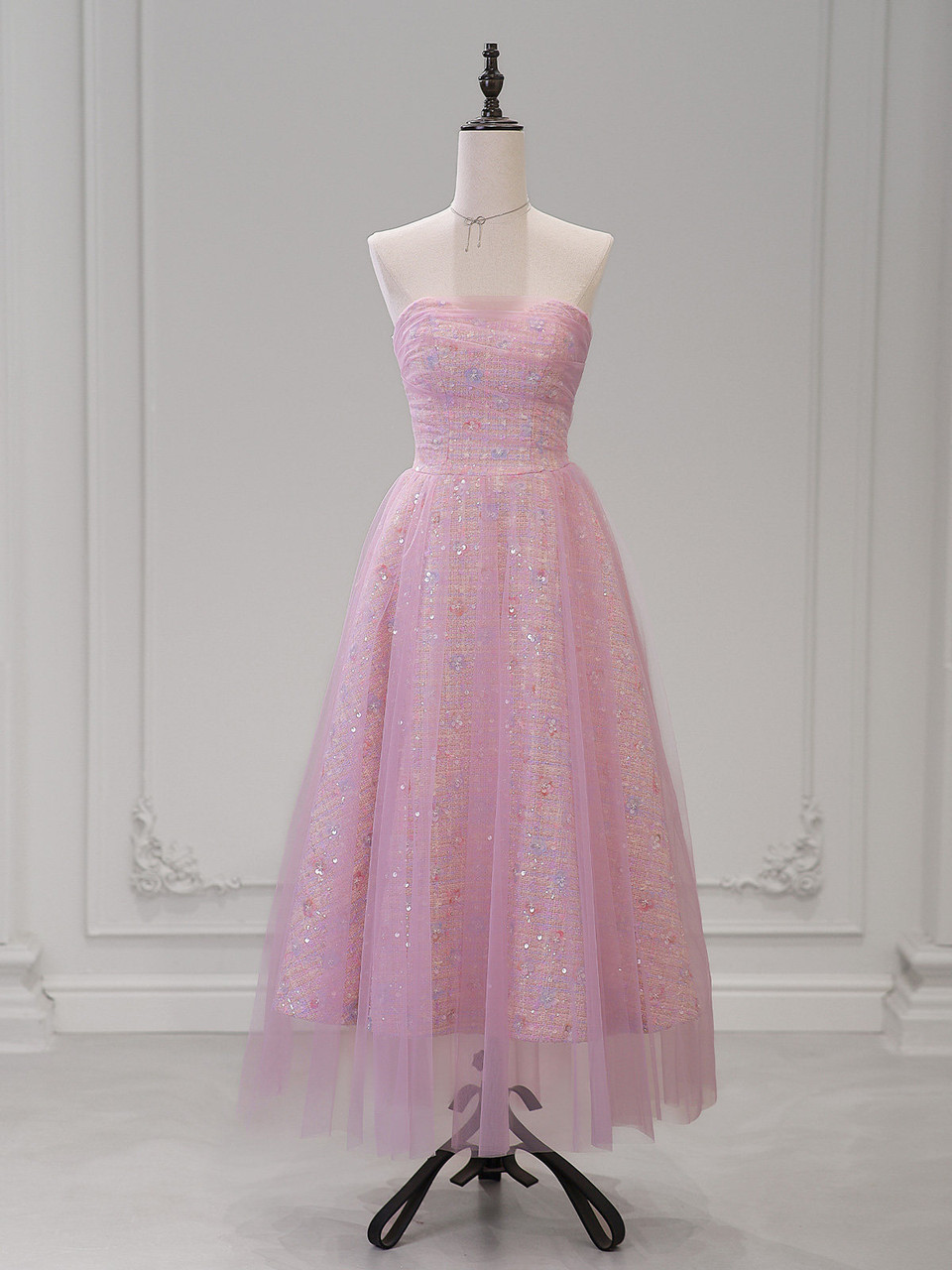 Pink tulle sequin strapless prom dress with textured bodice and A line skirt