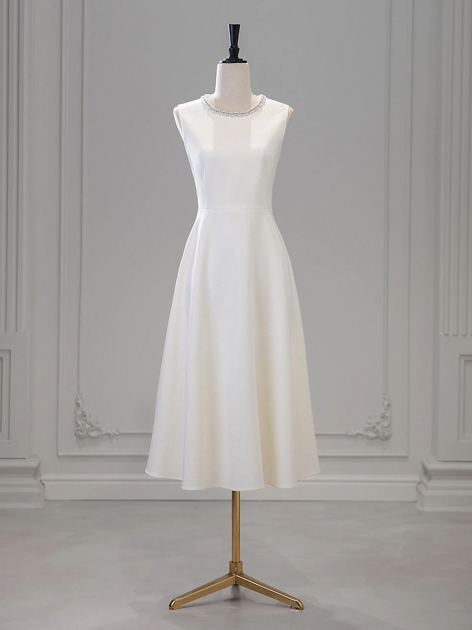 White scoop neck beaded ankle length A line wedding dress