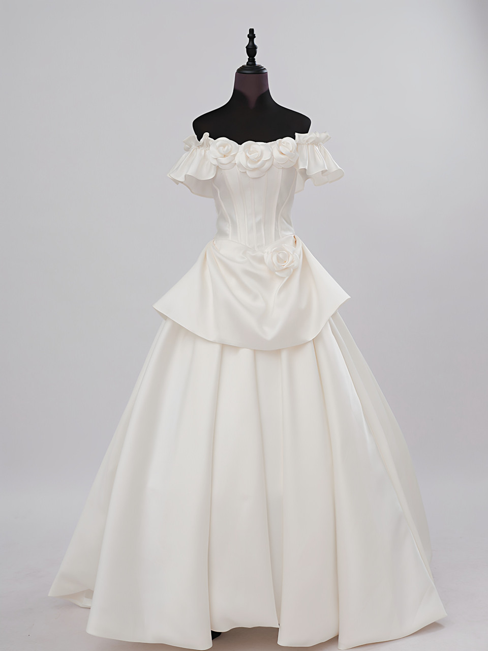 Beige white satin off shoulder wedding dress with 3D rose appliques and pleated A-line skirt
