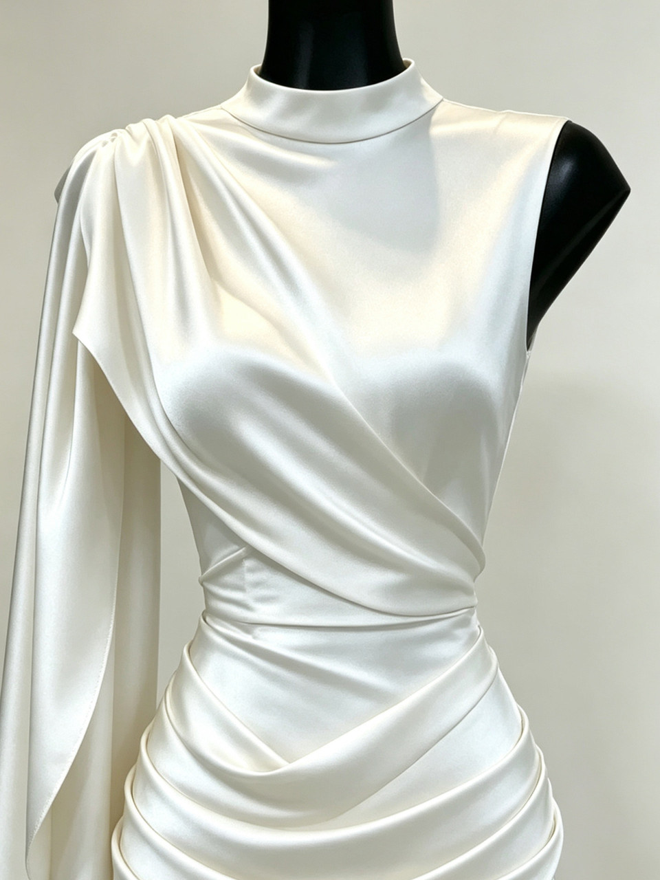 White satin mermaid bridal gown with high neckline, gathered bodice and flowing train