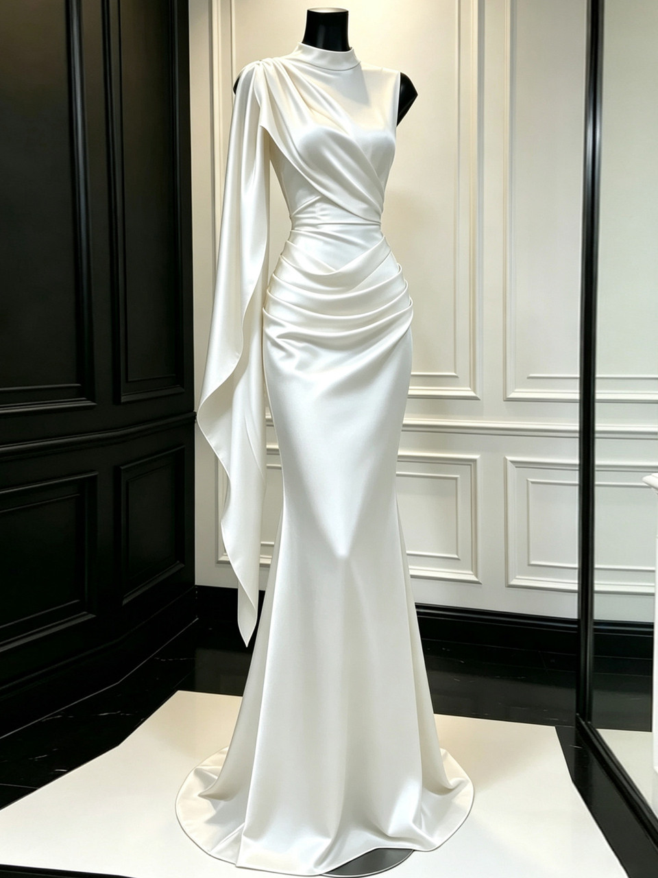White satin high neck mermaid wedding dress with ruched bodice and asymmetrical draped shoulder