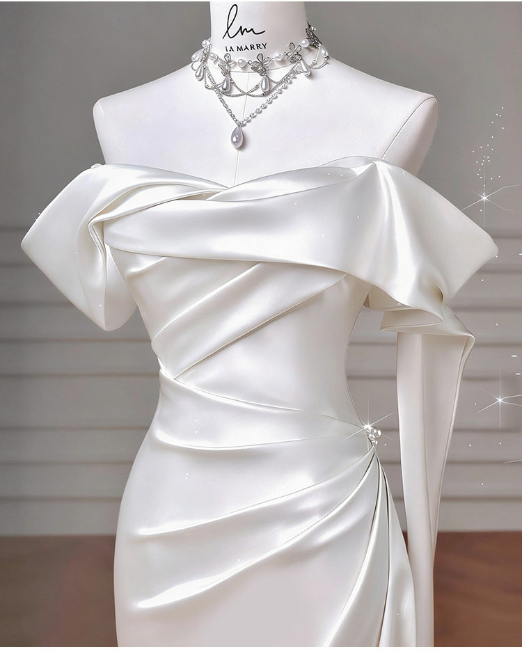 Beige white satin off the shoulder mermaid wedding dress with pleated waist