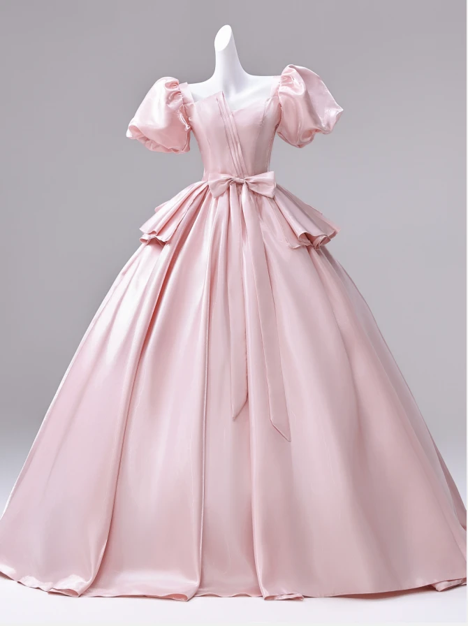 Pink puff sleeve pleated ball gown quinceanera dress with sweetheart neckline and full skirt
