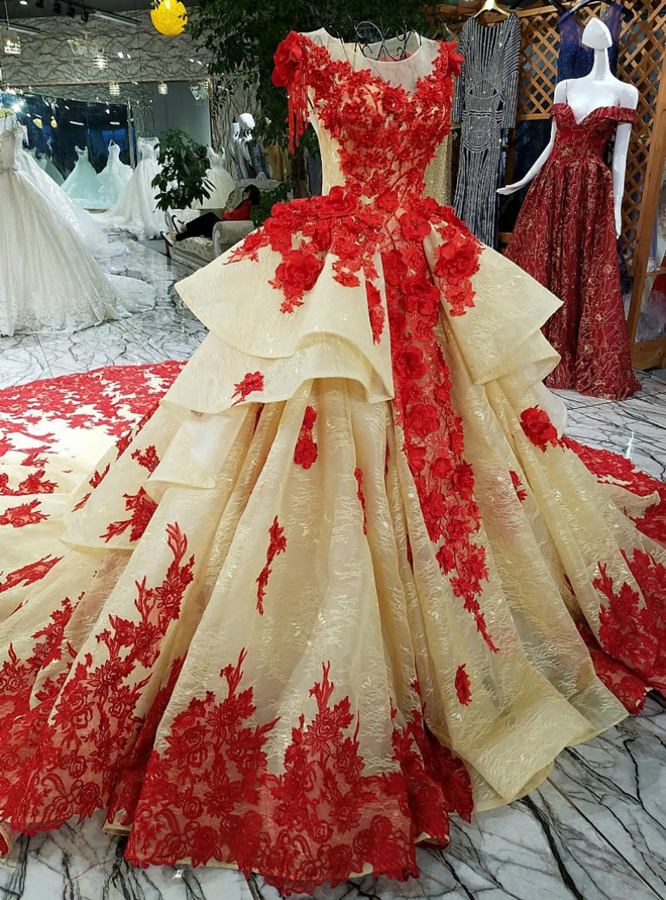 wedding dress with red flowers