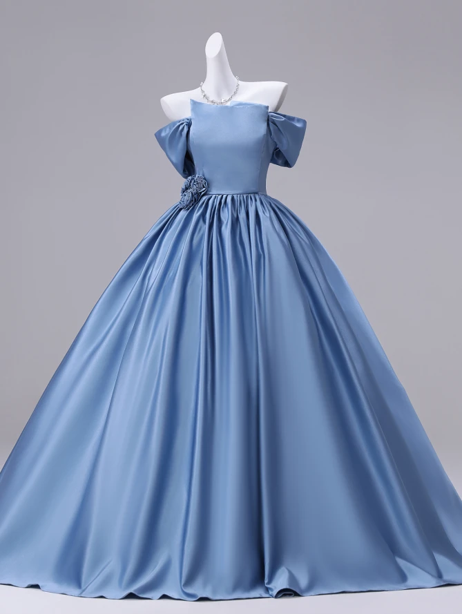 Blue satin strapless quinceañera dress with full skirt