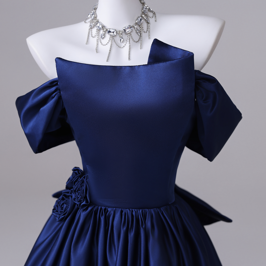 Navy blue satin dress waist with bow detail and gathered skirt